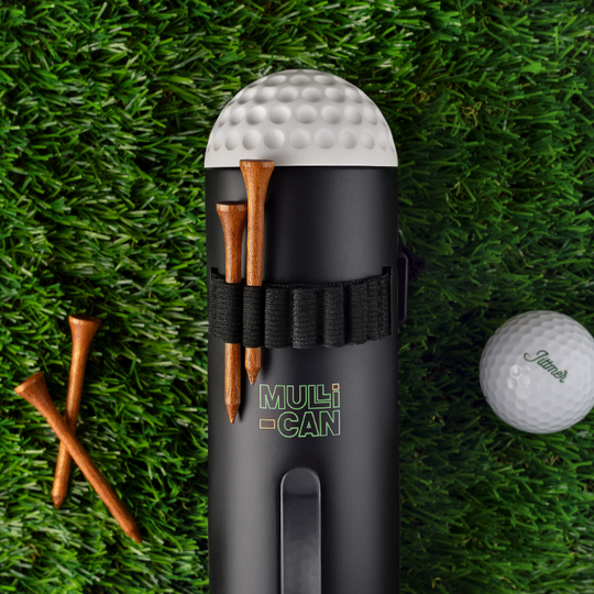 Close-up of the Jittmer Mulli-Can holding golf balls and wooden tees